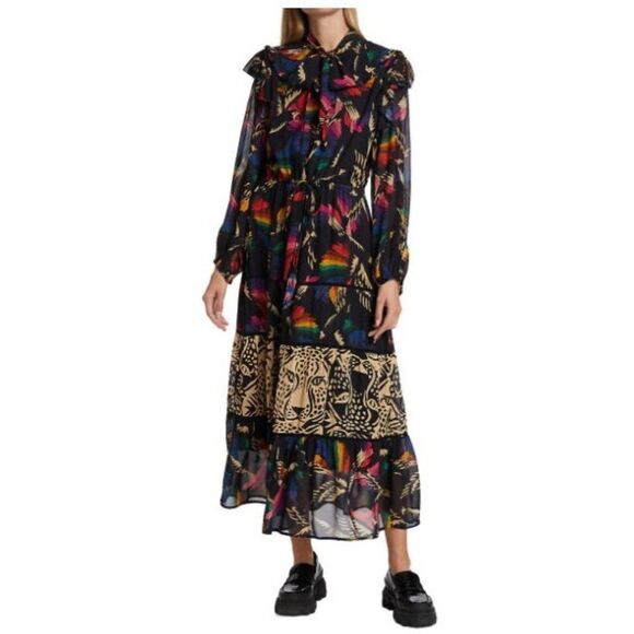 Farm Rio Womens Macaws Flight Tie-Neck Ankle Dress S  Tiered Animal Print NWT - Picture 2 of 7